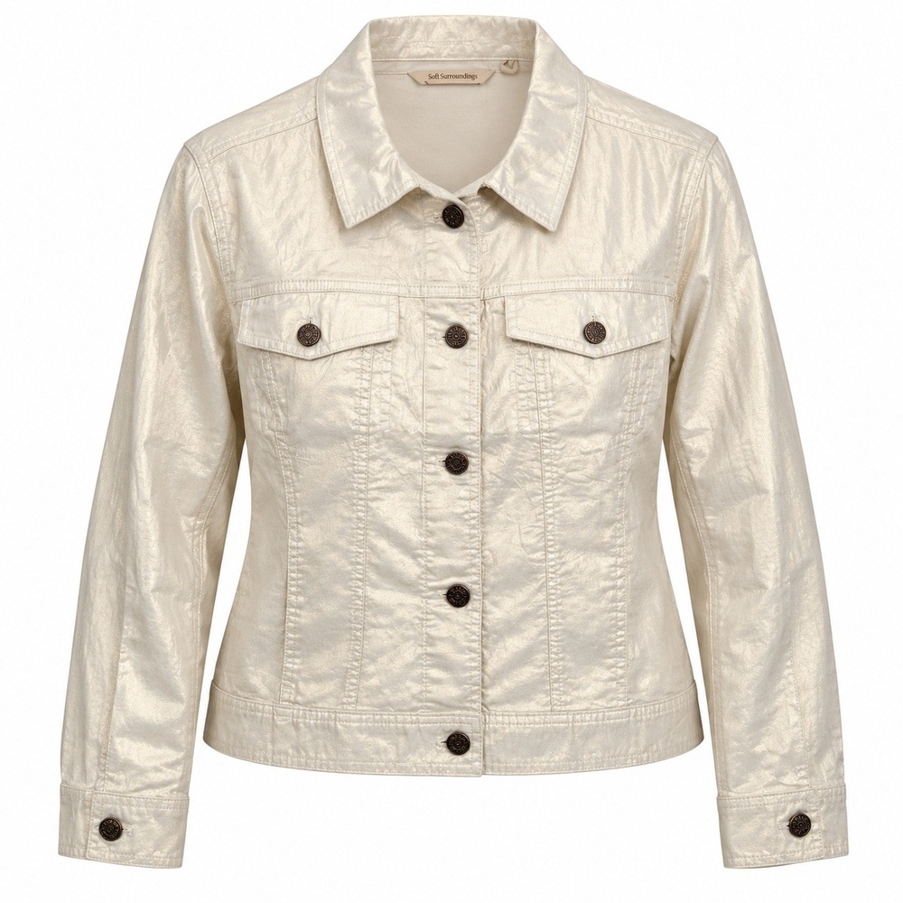 Soft Surroundings Soft Glow Foil Button Front Jacket Champagne Metallic 1X 2HG08 - Picture 2 of 9